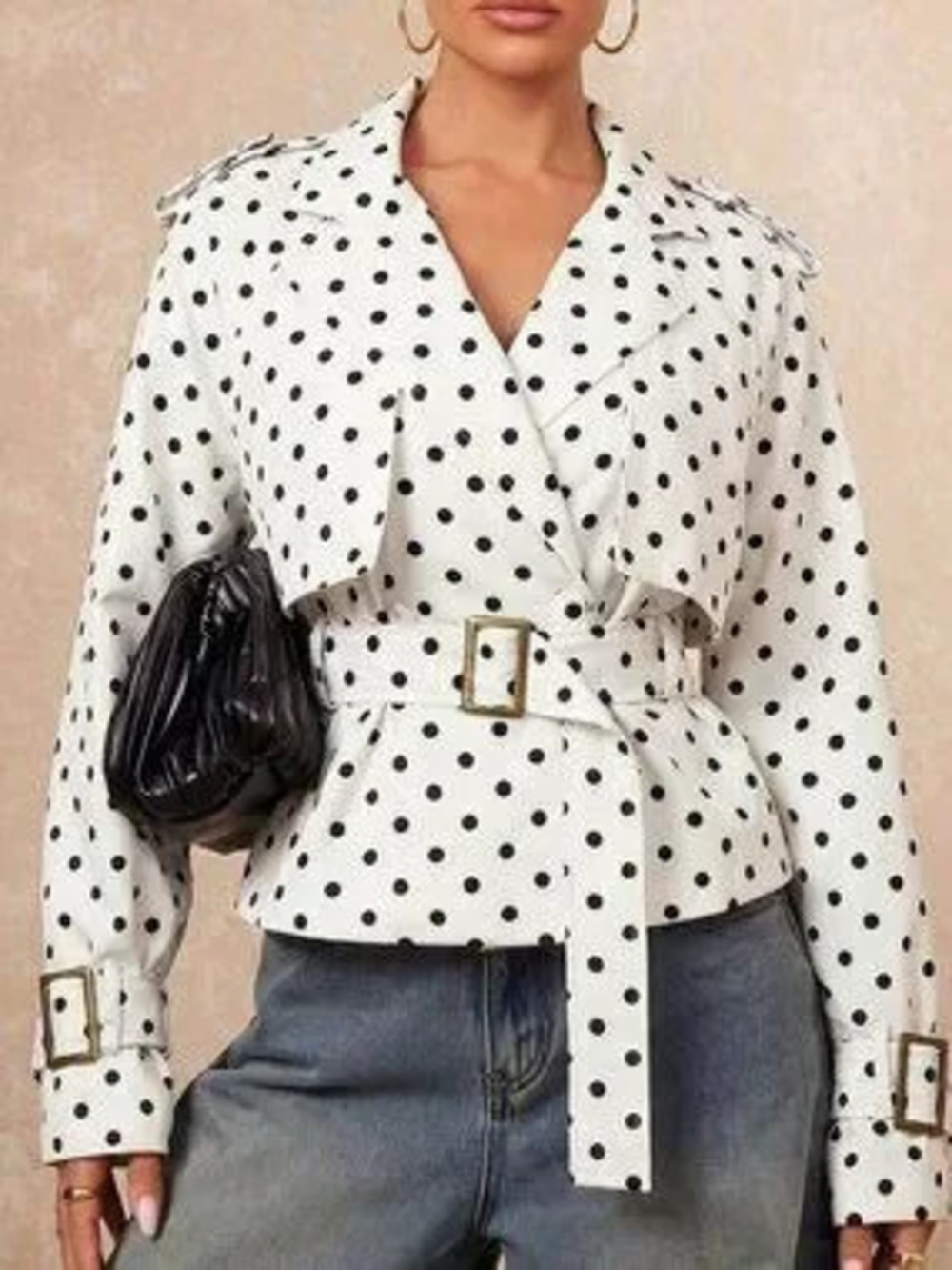 Apricot Casual Women's Polka Dot V Neck Regular Sleeve Short Trench Coat Jacket